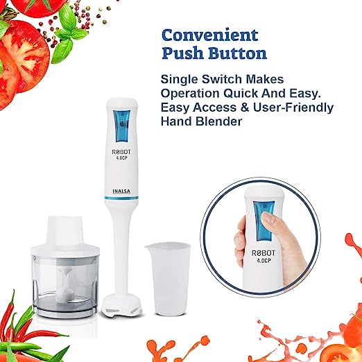Inalsa Hand Blender Robot 4.0 CP 400-Watt Heavy Duty | 2 in 1 Hand Blender/Chopper | 2 Year Warranty| Super Silent Powerful Motor| 700 ml Break Resistant Multipurpose Jar, (White/Blue) Inalsa Hand Blender Robot 4.0 CP 400-Watt Heavy Duty | 2 in 1 Hand Blender/Chopper | 2 Year Warranty| Super Silent Powerful Motor| 700 ml Break Resistant Multipurpose Jar, (White/Blue)